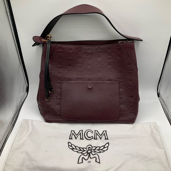 MCM Klara Ottomar Shoulder Hobo Monogrammed Bag Purse Burgundy